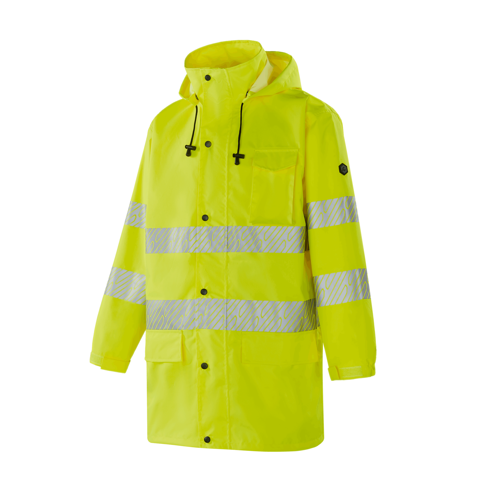 i-vis yellow WR302 GRANADA rain jacket, 300D Oxford with TPU, mesh lining, left chest pocket, two lower pockets, velcro cuffs, heat transfer reflective tapes, EN 20471 Class 3